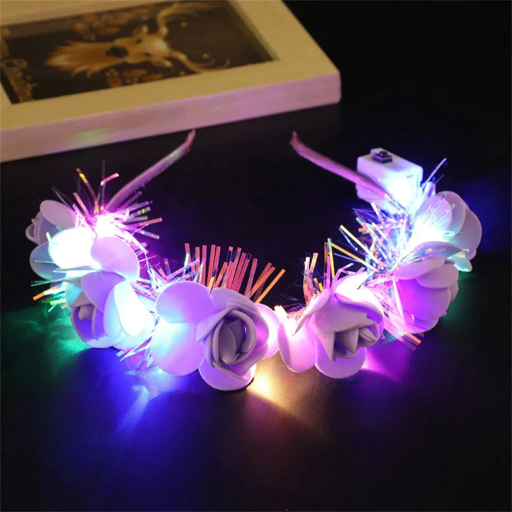 Romantic Glowing Wreath LED Light Rose Flowers Hairband Headpiece For Wedding Party Girl Birthday Favor Luminous Hair Garlands