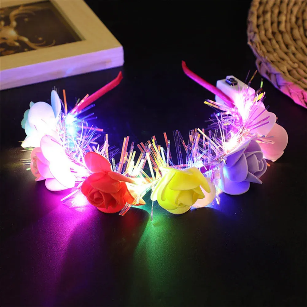 Romantic Glowing Wreath LED Light Rose Flowers Hairband Headpiece For Wedding Party Girl Birthday Favor Luminous Hair Garlands