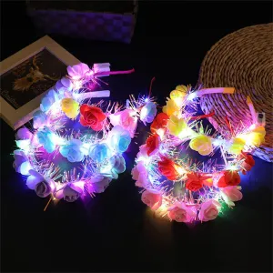Romantic Glowing Wreath LED Light Rose Flowers Hairband Headpiece For Wedding Party Girl Birthday Favor Luminous Hair Garlands