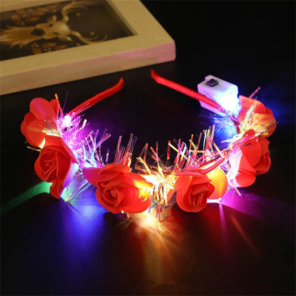 Romantic Glowing Wreath LED Light Rose Flowers Hairband Headpiece For Wedding Party Girl Birthday Favor Luminous Hair Garlands