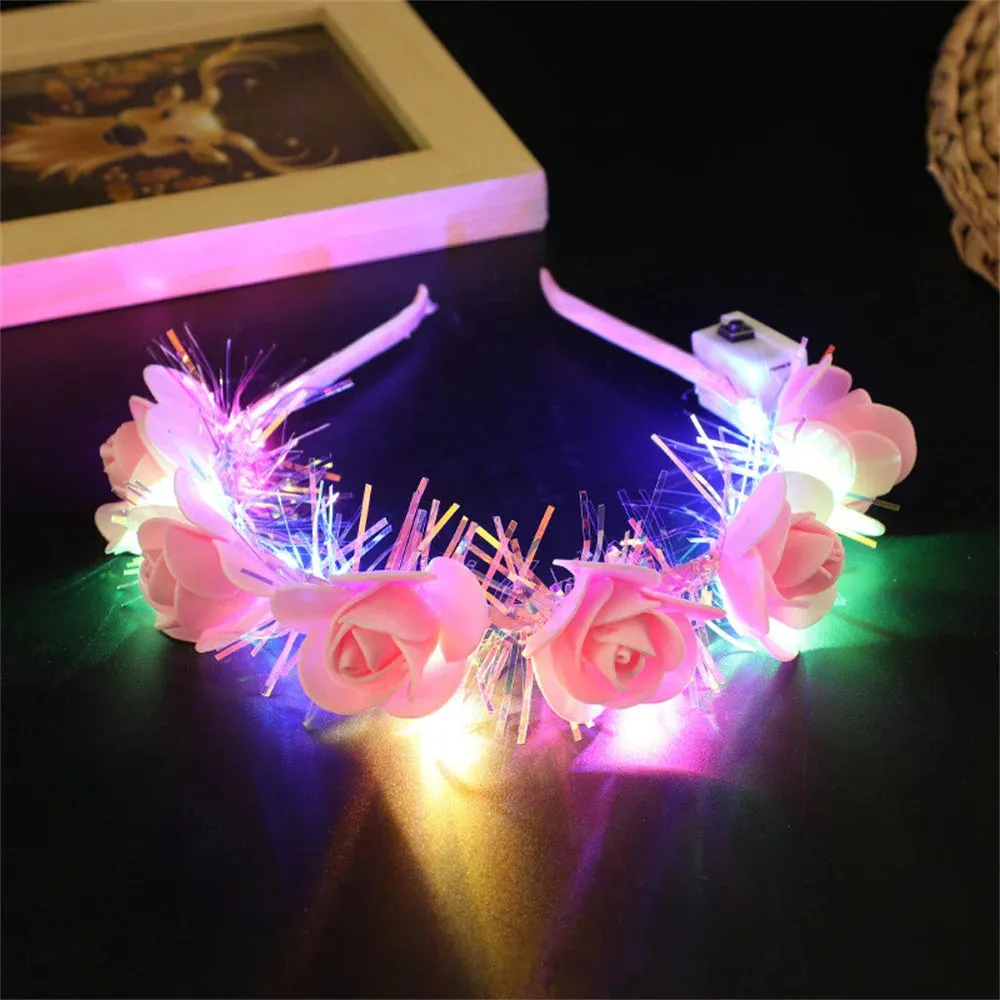Romantic Glowing Wreath LED Light Rose Flowers Hairband Headpiece For Wedding Party Girl Birthday Favor Luminous Hair Garlands