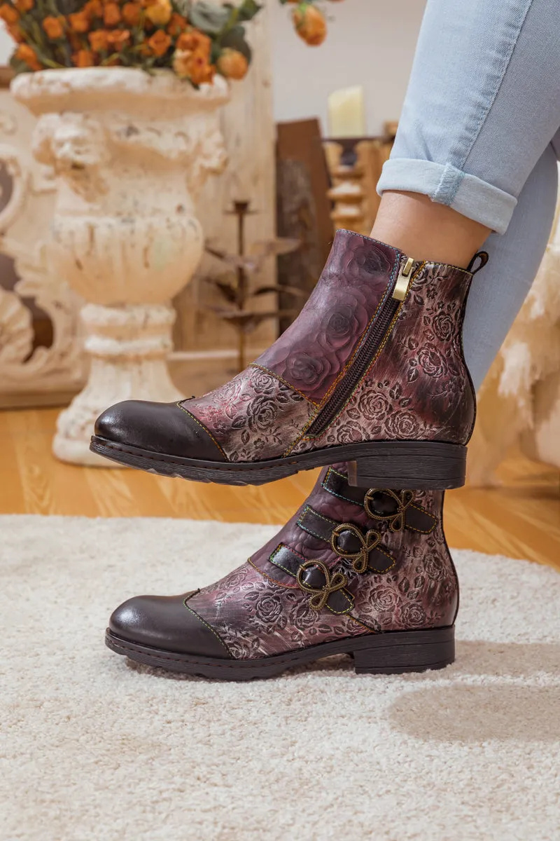 Rose Garden Embossed Leather Strap Boot - Brown