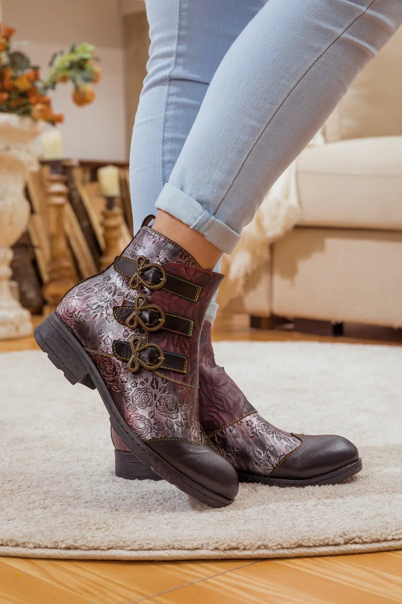 Rose Garden Embossed Leather Strap Boot - Brown