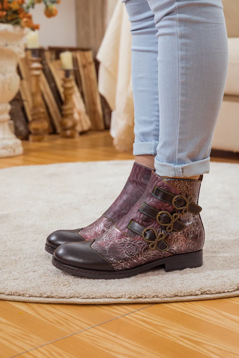 Rose Garden Embossed Leather Strap Boot - Brown
