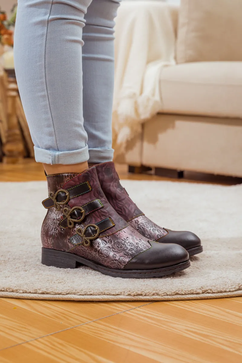 Rose Garden Embossed Leather Strap Boot - Brown