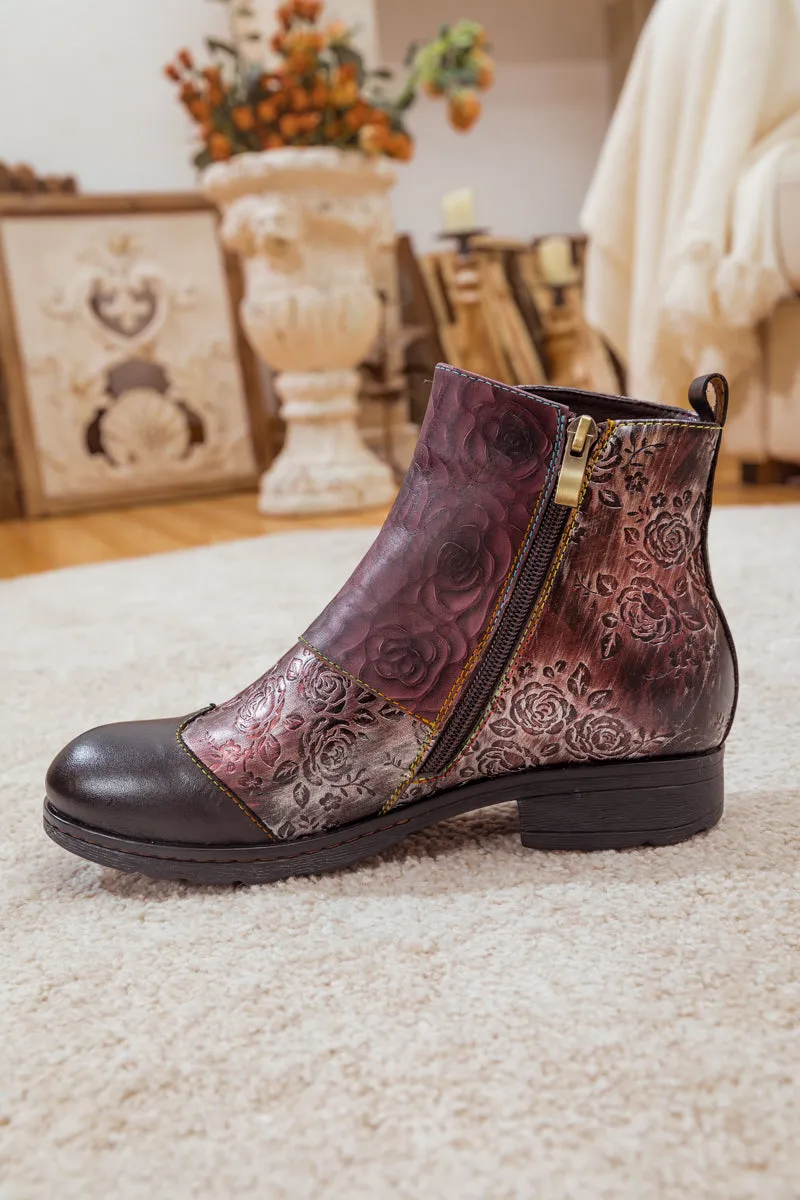 Rose Garden Embossed Leather Strap Boot - Brown