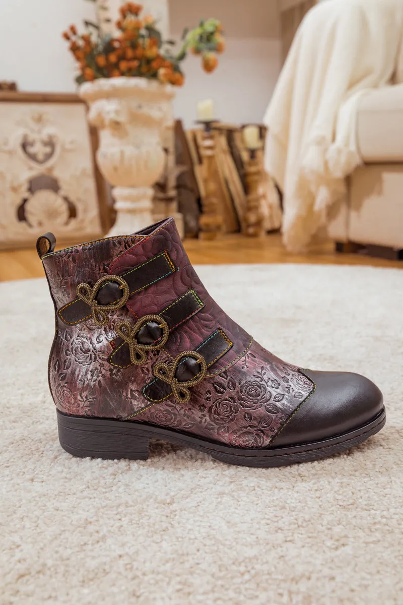 Rose Garden Embossed Leather Strap Boot - Brown