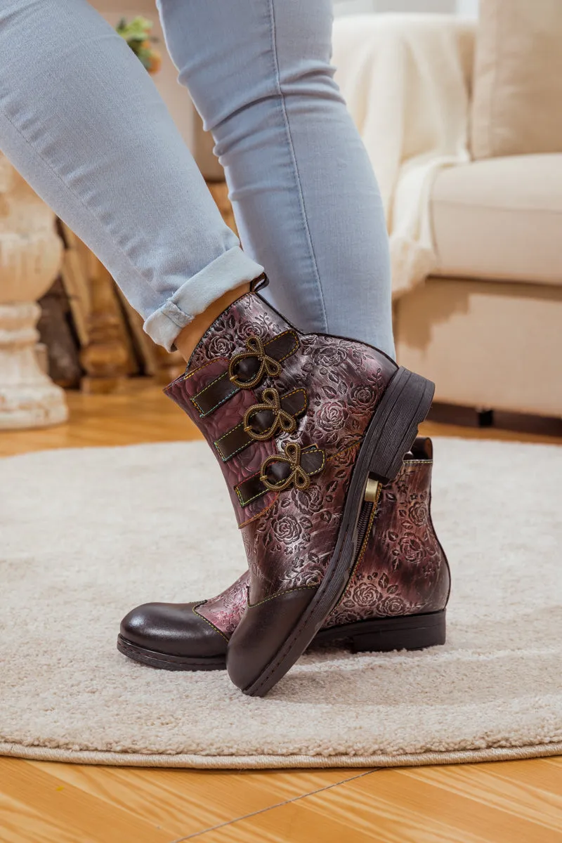 Rose Garden Embossed Leather Strap Boot - Brown