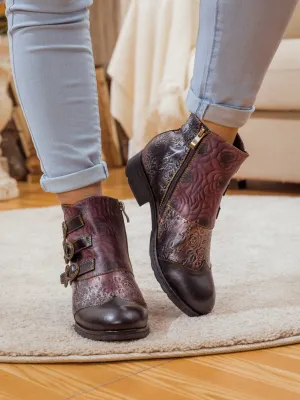 Rose Garden Embossed Leather Strap Boot - Brown