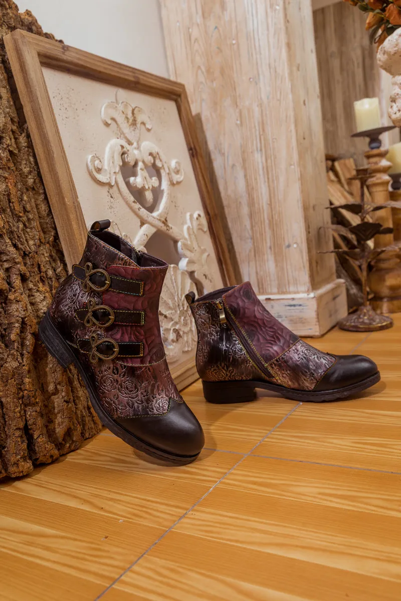 Rose Garden Embossed Leather Strap Boot - Brown