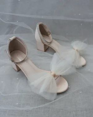 Satin Block Heel Sandal with Oversized Front Ivory Tulle Bow