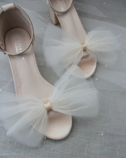 Satin Block Heel Sandal with Oversized Front Ivory Tulle Bow