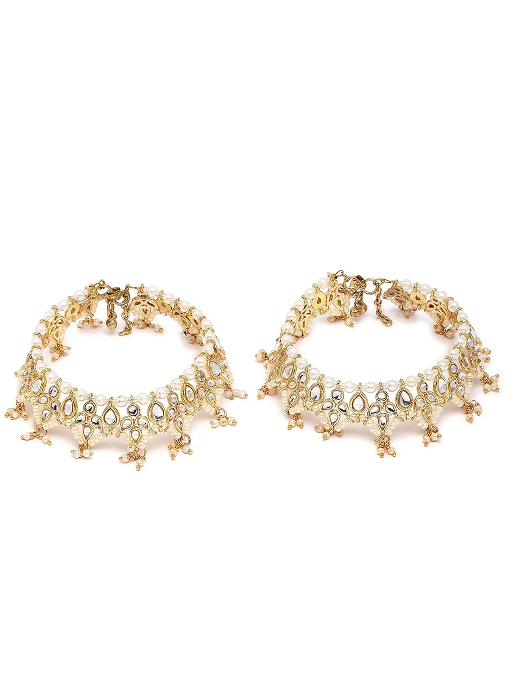 Set Of 2 Gold-Plated & Kundan-Studded Anklets