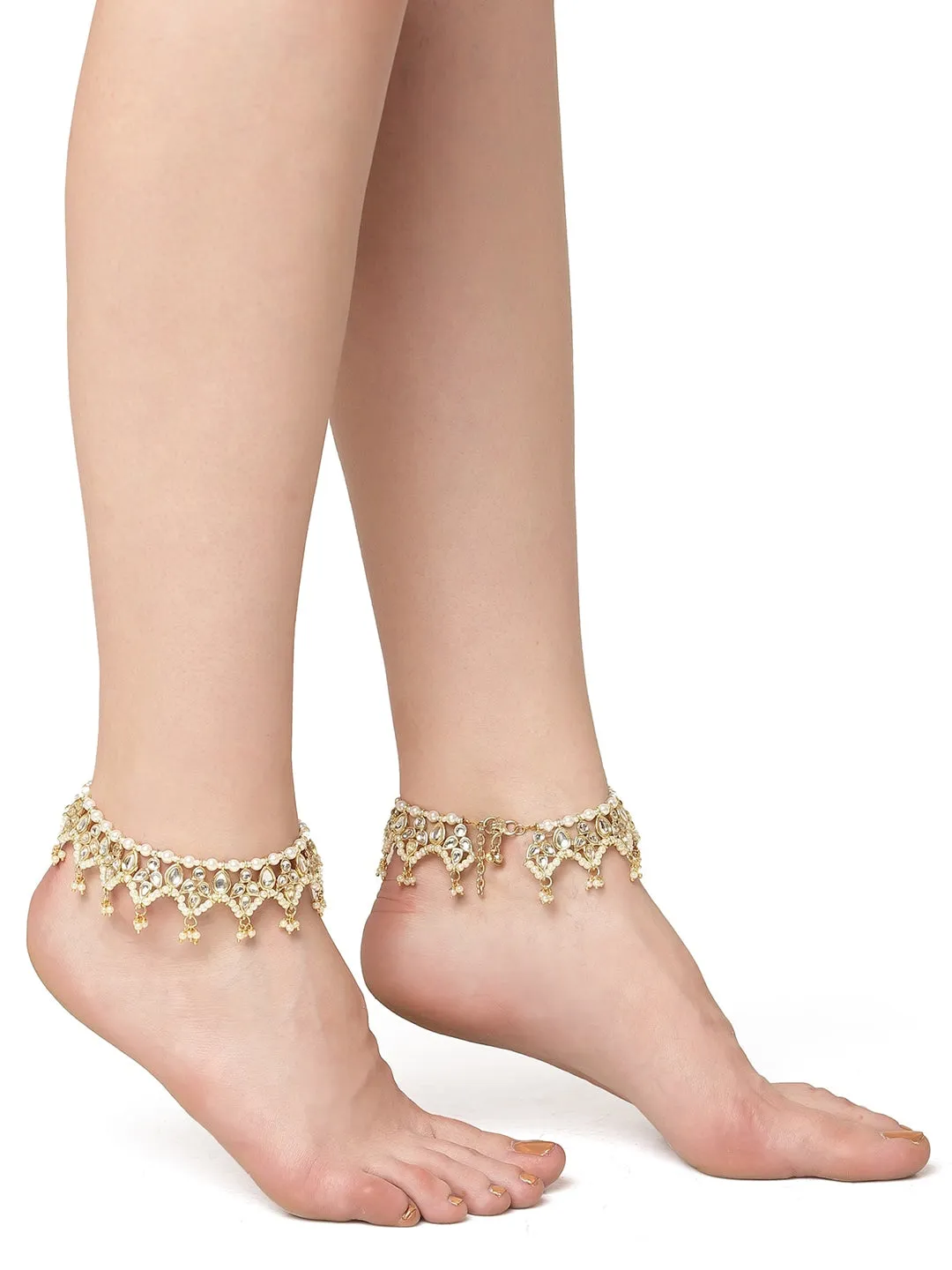 Set Of 2 Gold-Plated & Kundan-Studded Anklets