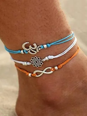 (Set of 3) Oxidized Silver Plated Om Lotus Flowers & Infinite Multi-Colour Thread Hand Made Adjustable Size Anklets for Girls & women