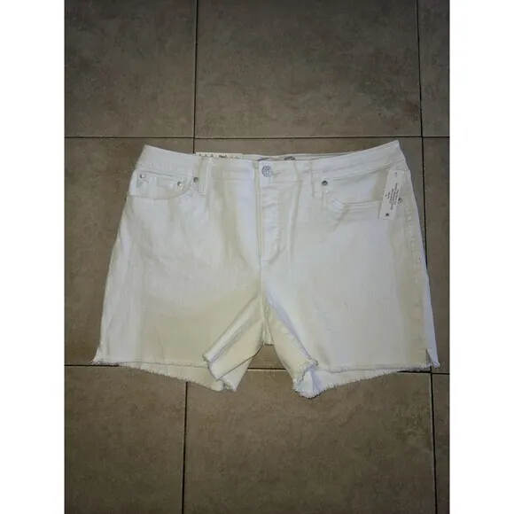 Seven7 Women's 5&quot; Fray Hem‎ Mid Rise  White Denim Weekend Shorts Size 14