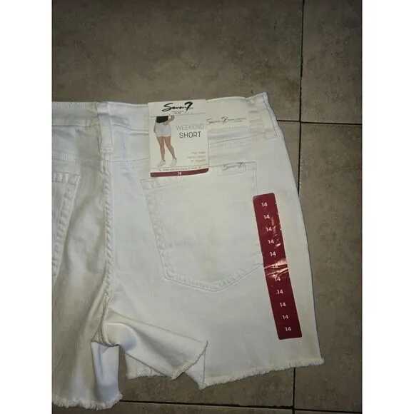 Seven7 Women's 5&quot; Fray Hem‎ Mid Rise  White Denim Weekend Shorts Size 14