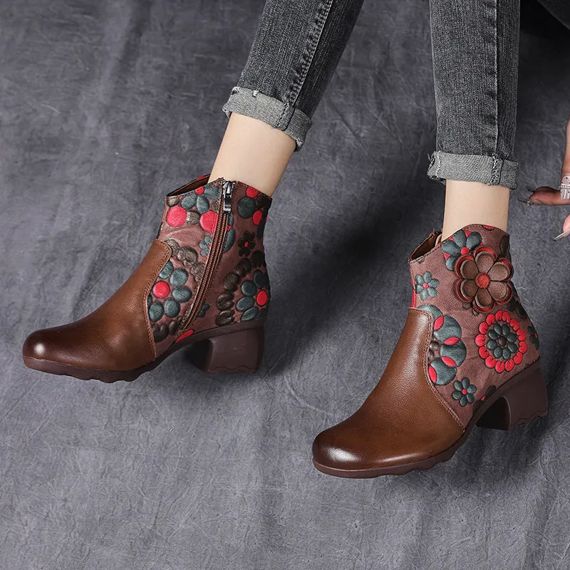 Simple Ethnic Thick Heel Flowers Comfortable Retro Boots