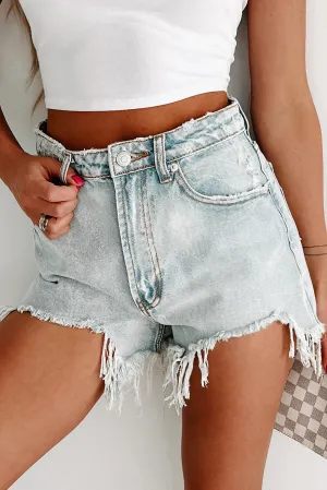 Sky Blue Distressed Edge High Rise Jean Shorts