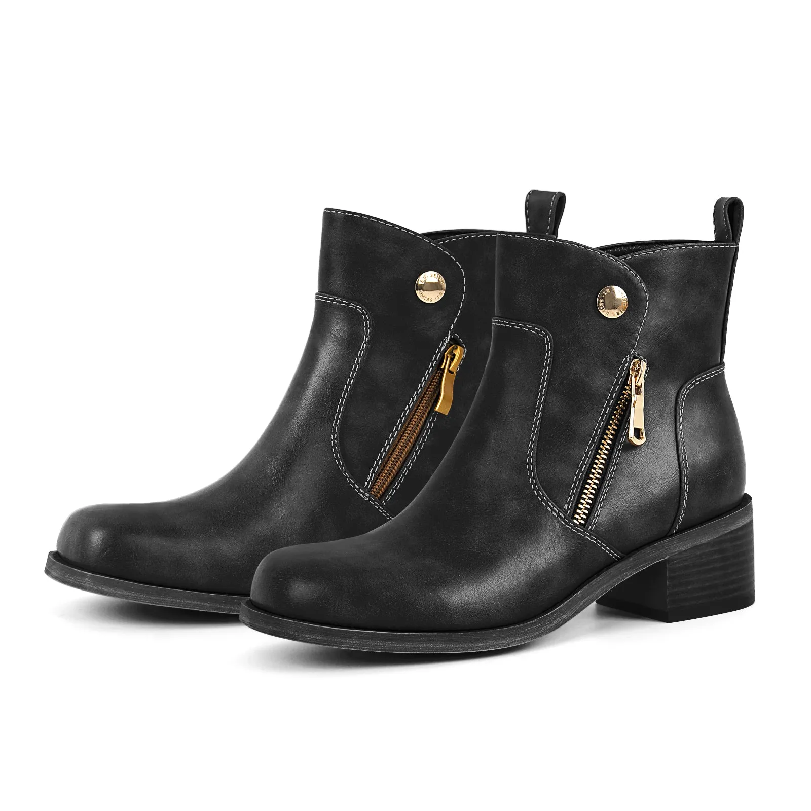 Square Toe Zipper Chunky Heel Ankle Boots