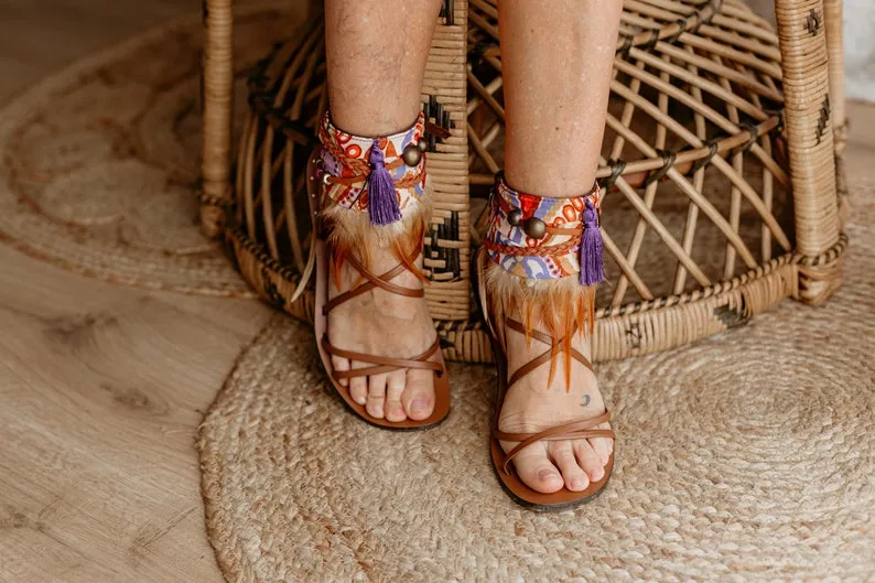 Stunning Purple and Orange Feather Fringe Sandal Ankle Ties