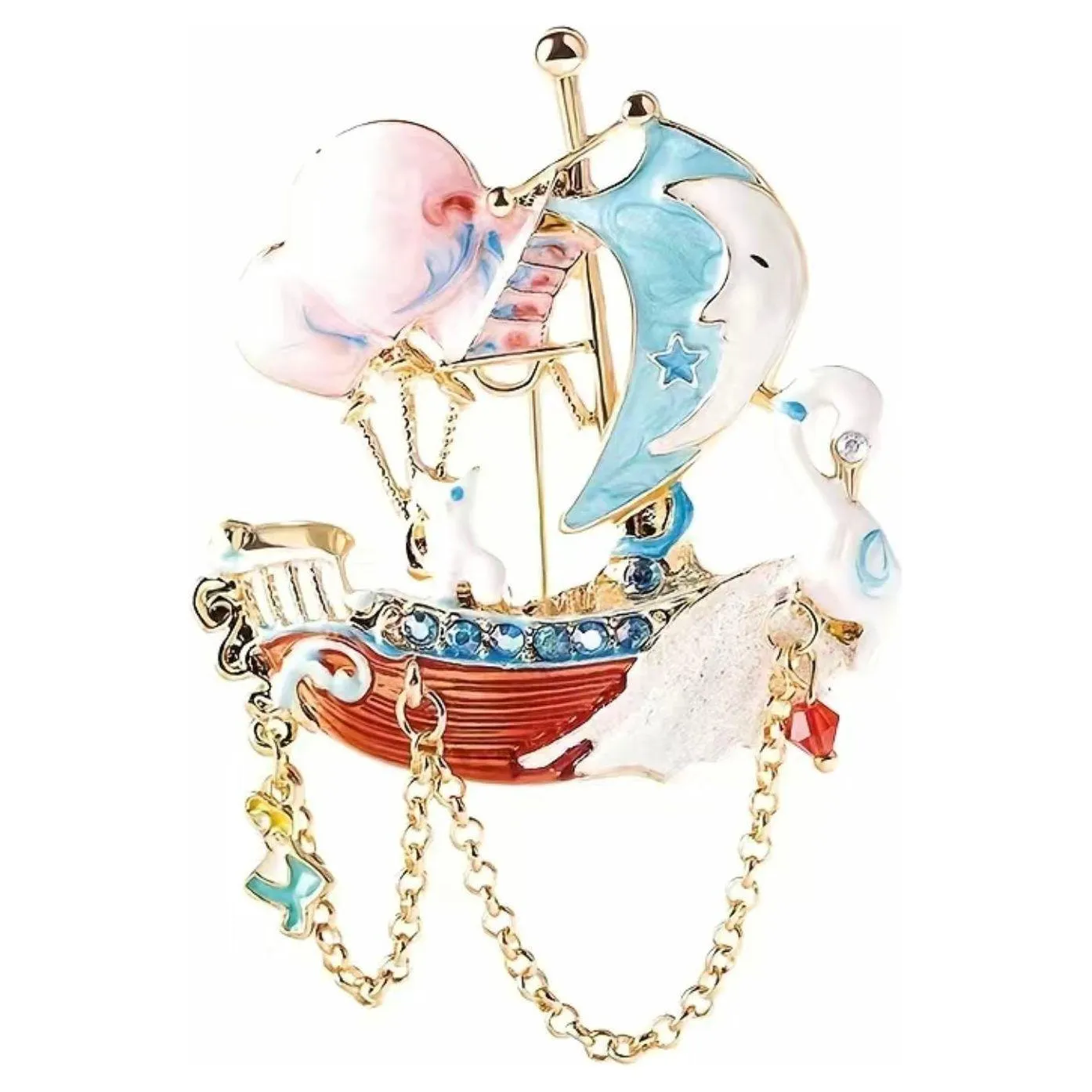 Swan Sailboat Jewelled & Enamel Brooch