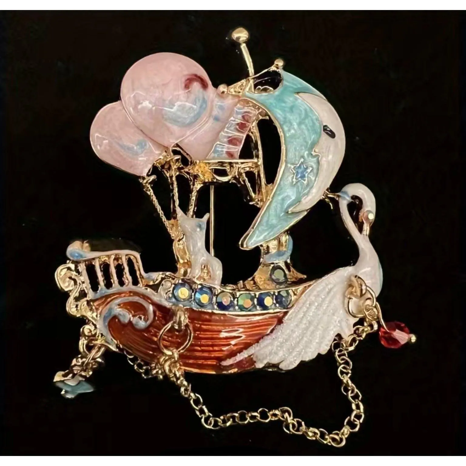 Swan Sailboat Jewelled & Enamel Brooch