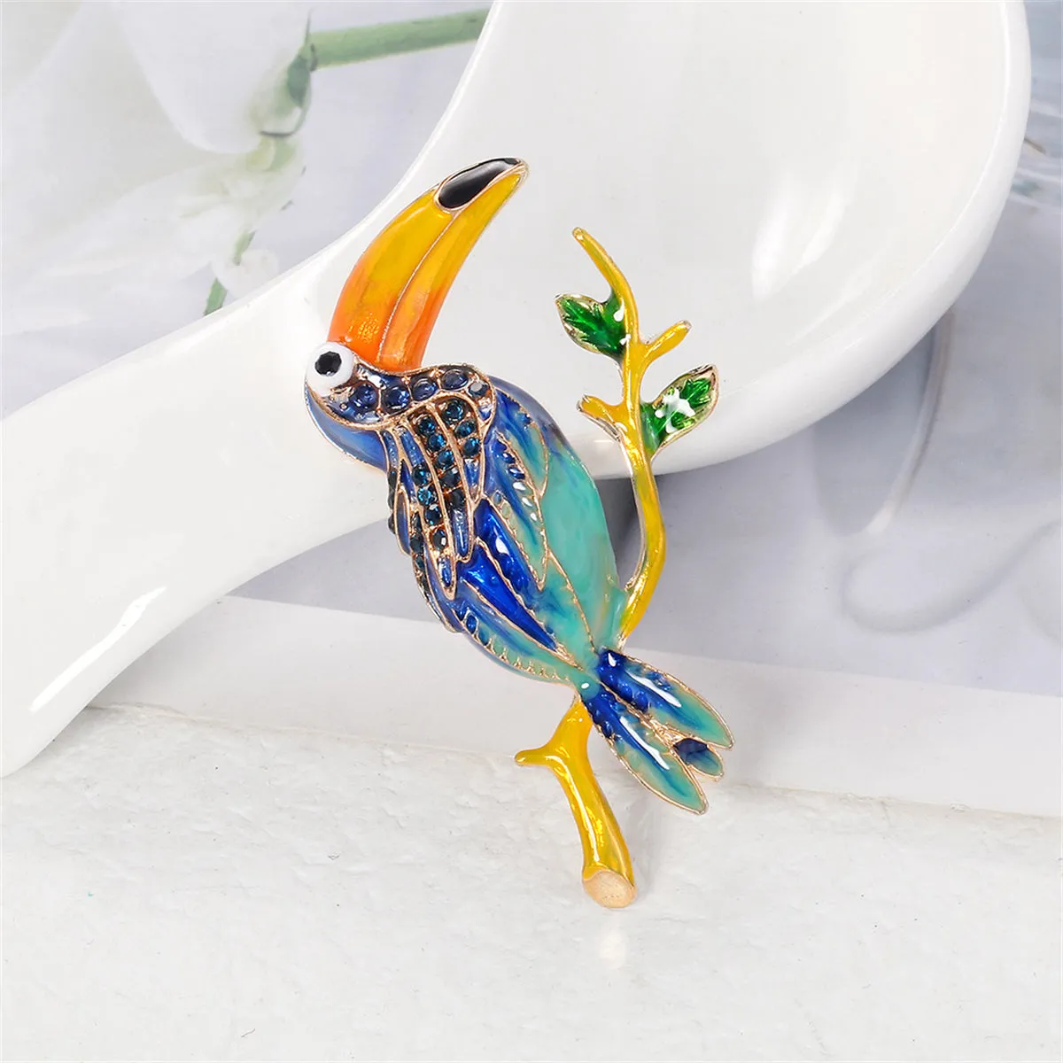 Teal Enamel & Cubic Zirconia 18K Gold-Plated Toucan Brooch