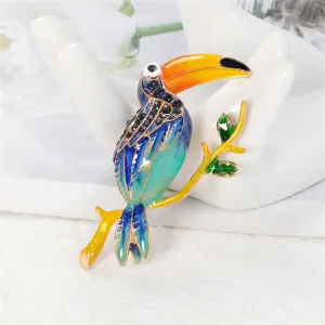 Teal Enamel & Cubic Zirconia 18K Gold-Plated Toucan Brooch