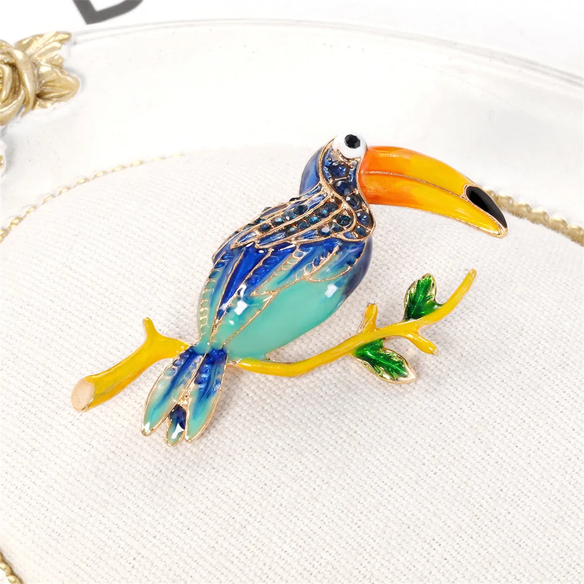Teal Enamel & Cubic Zirconia 18K Gold-Plated Toucan Brooch