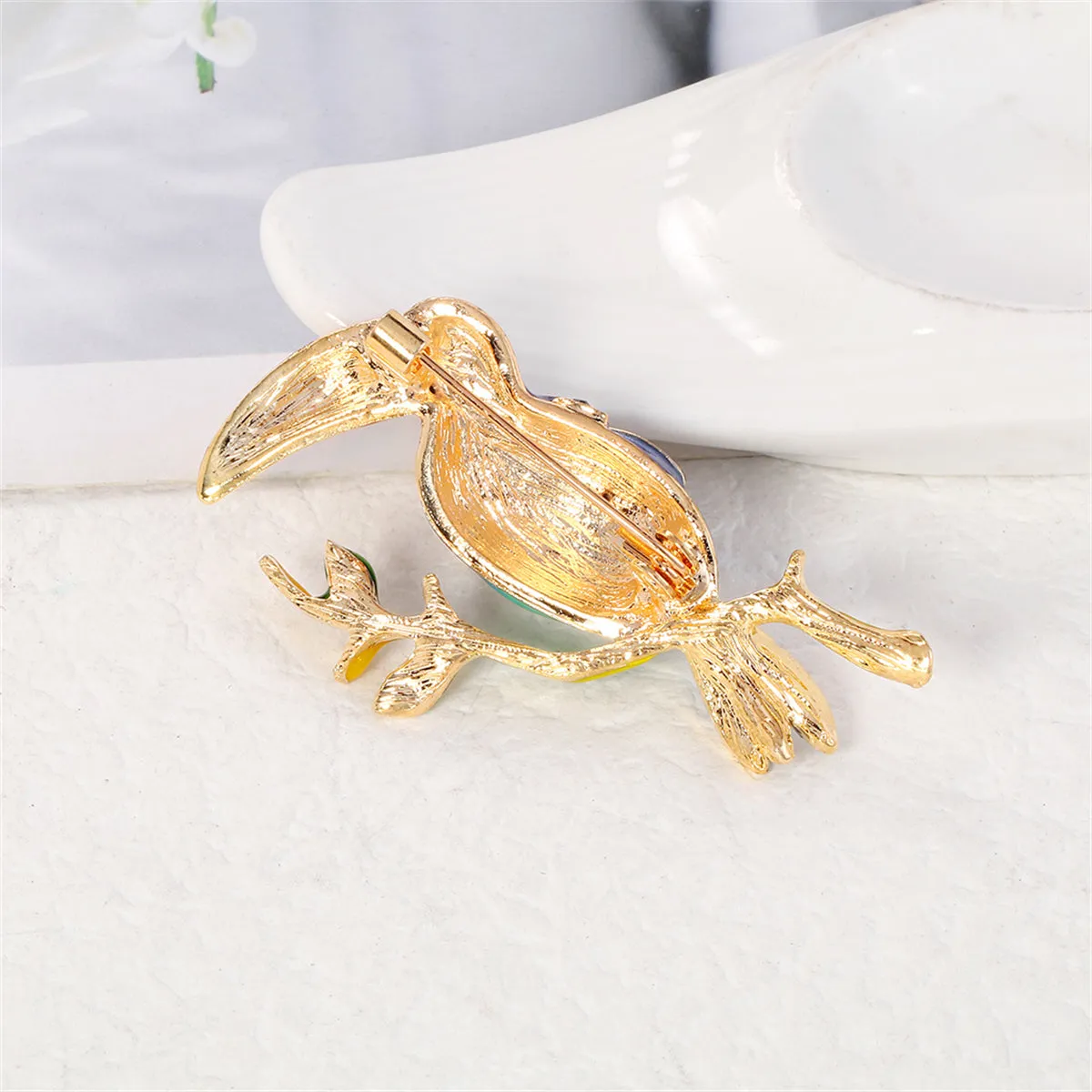 Teal Enamel & Cubic Zirconia 18K Gold-Plated Toucan Brooch
