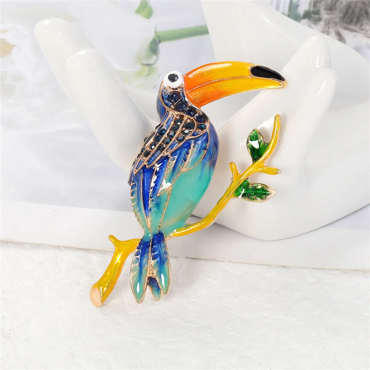 Teal Enamel & Cubic Zirconia 18K Gold-Plated Toucan Brooch