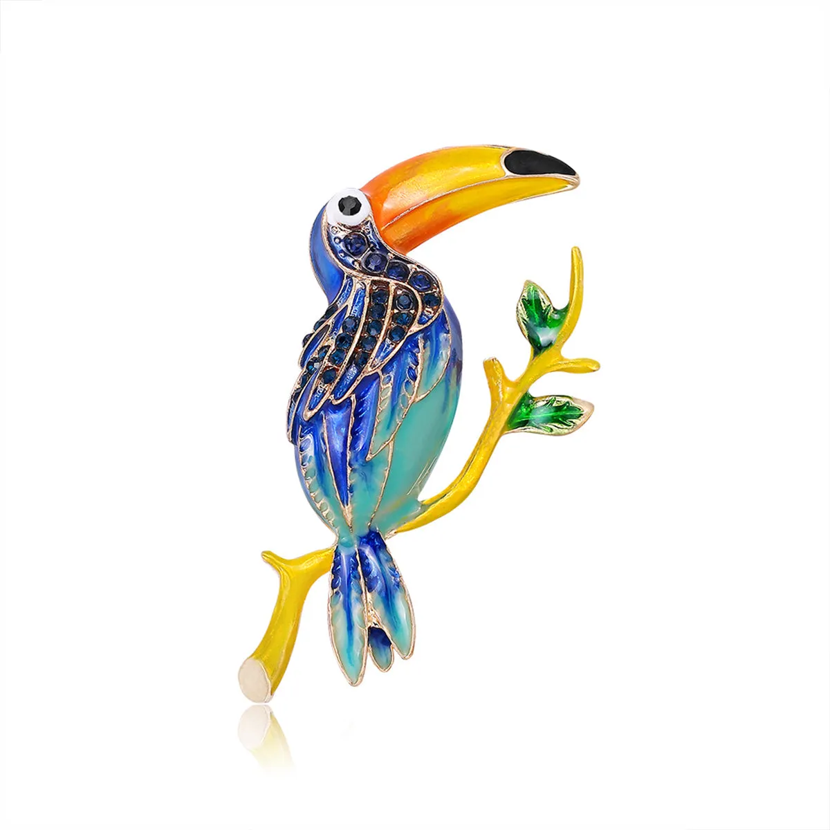 Teal Enamel & Cubic Zirconia 18K Gold-Plated Toucan Brooch