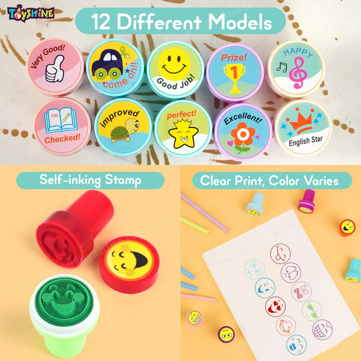 Toyshine 2 Pack DIY Cute Self-Ink Rubber Seal Stamps for Kids Motivation and Reward Theme Prefect Gift for Teachers Parents and Students