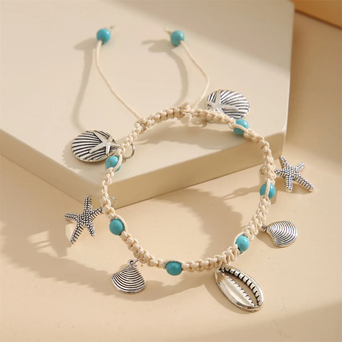 Turquoise & Silver-Plated Sea Charm Anklet