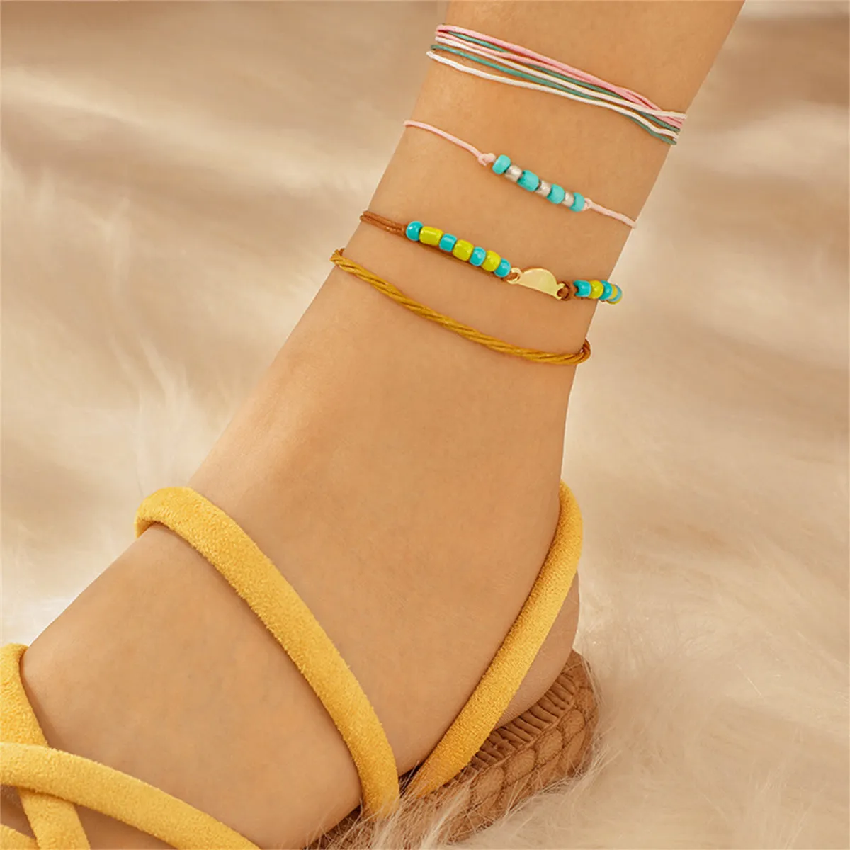 Turquoise & Yellow Multi-Strand Anklet Set