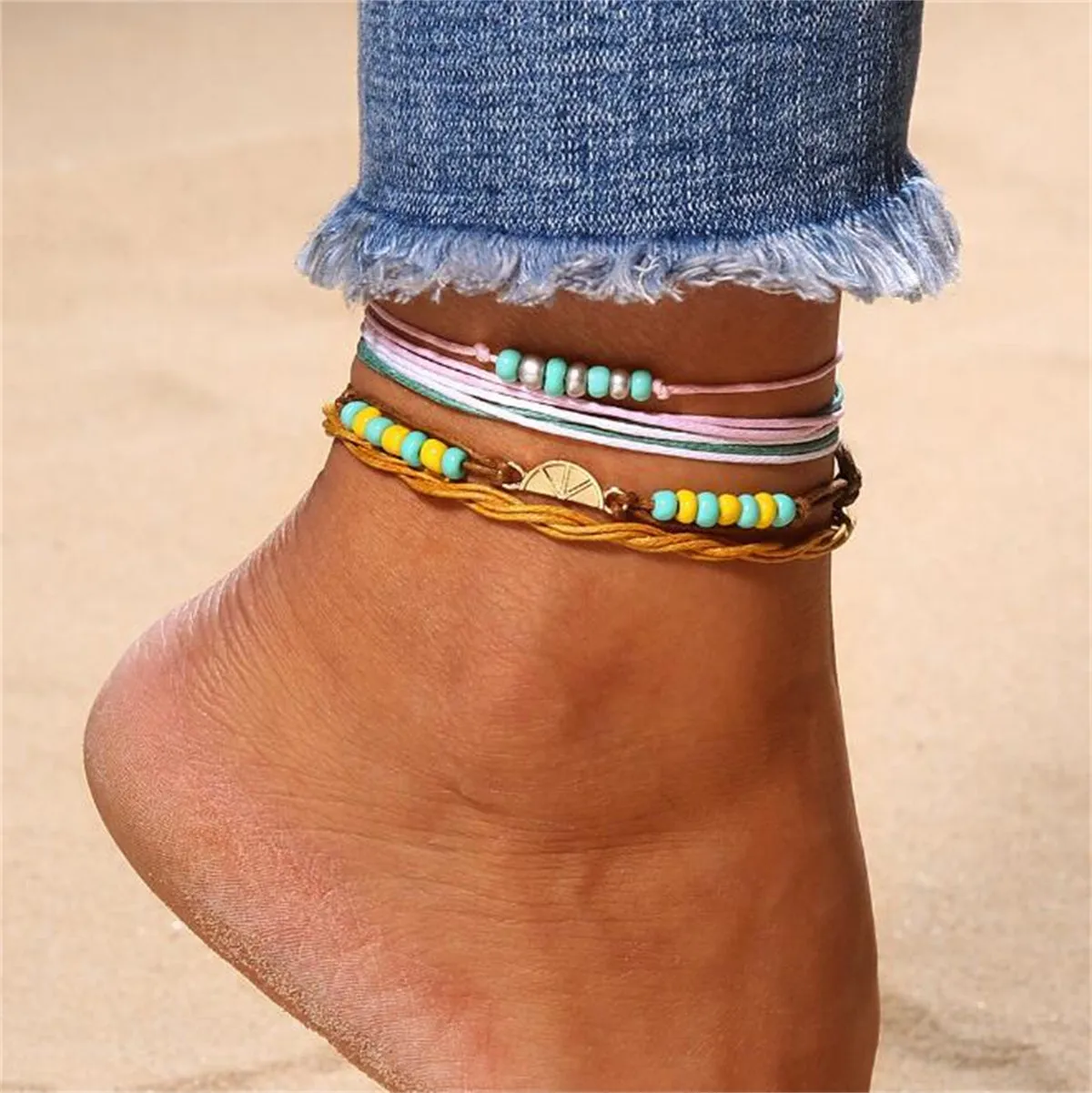 Turquoise & Yellow Multi-Strand Anklet Set