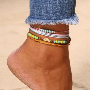 Turquoise & Yellow Multi-Strand Anklet Set