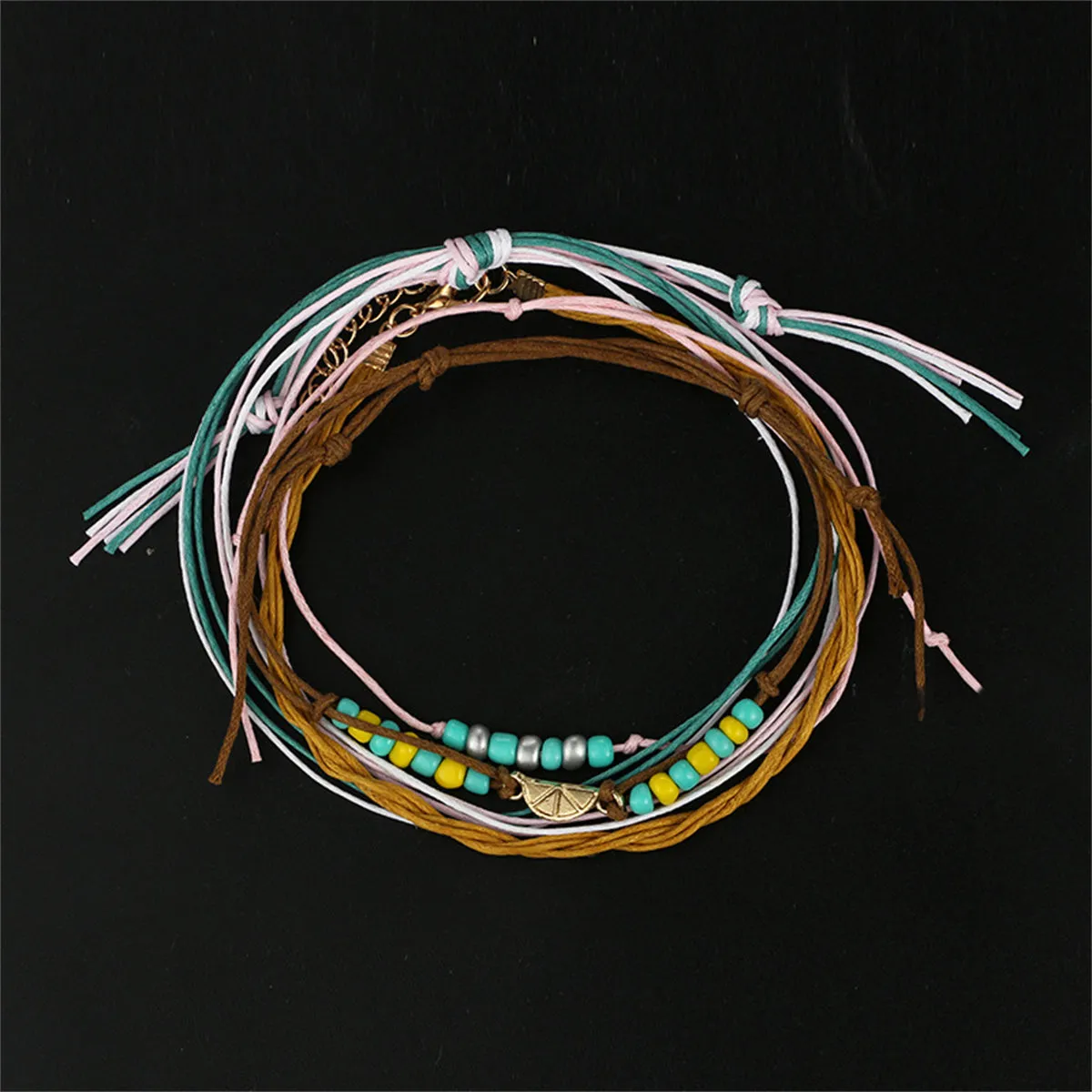 Turquoise & Yellow Multi-Strand Anklet Set