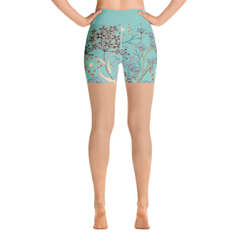 Turquoise Floral - Yoga Shorts