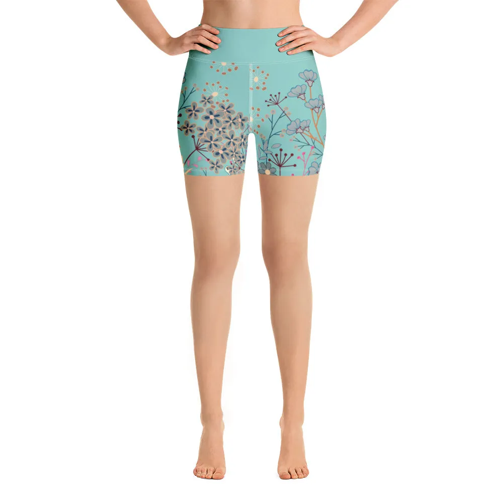Turquoise Floral - Yoga Shorts