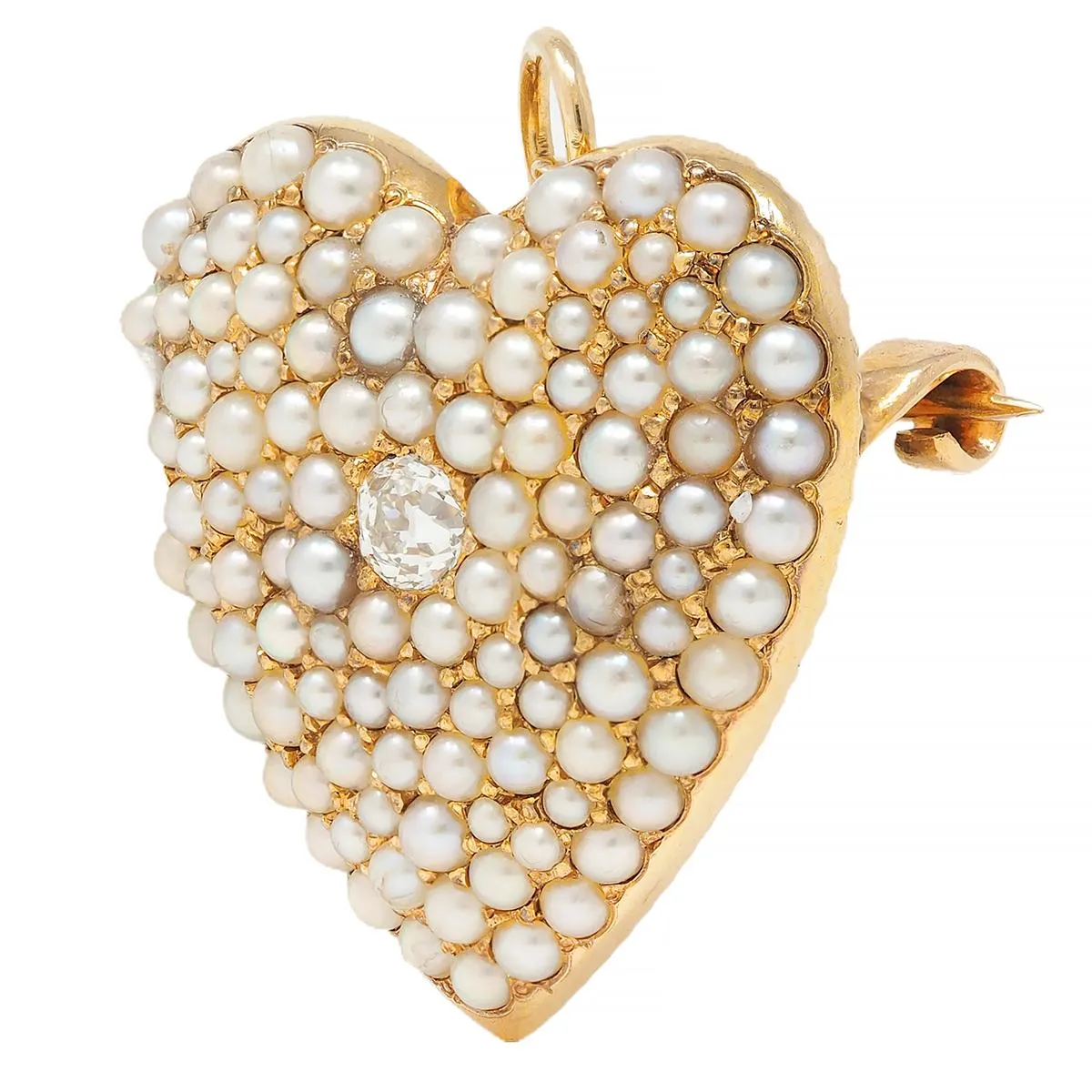 Victorian Diamond Pearl 14 Karat Yellow Gold Antique Heart Pendant Brooch