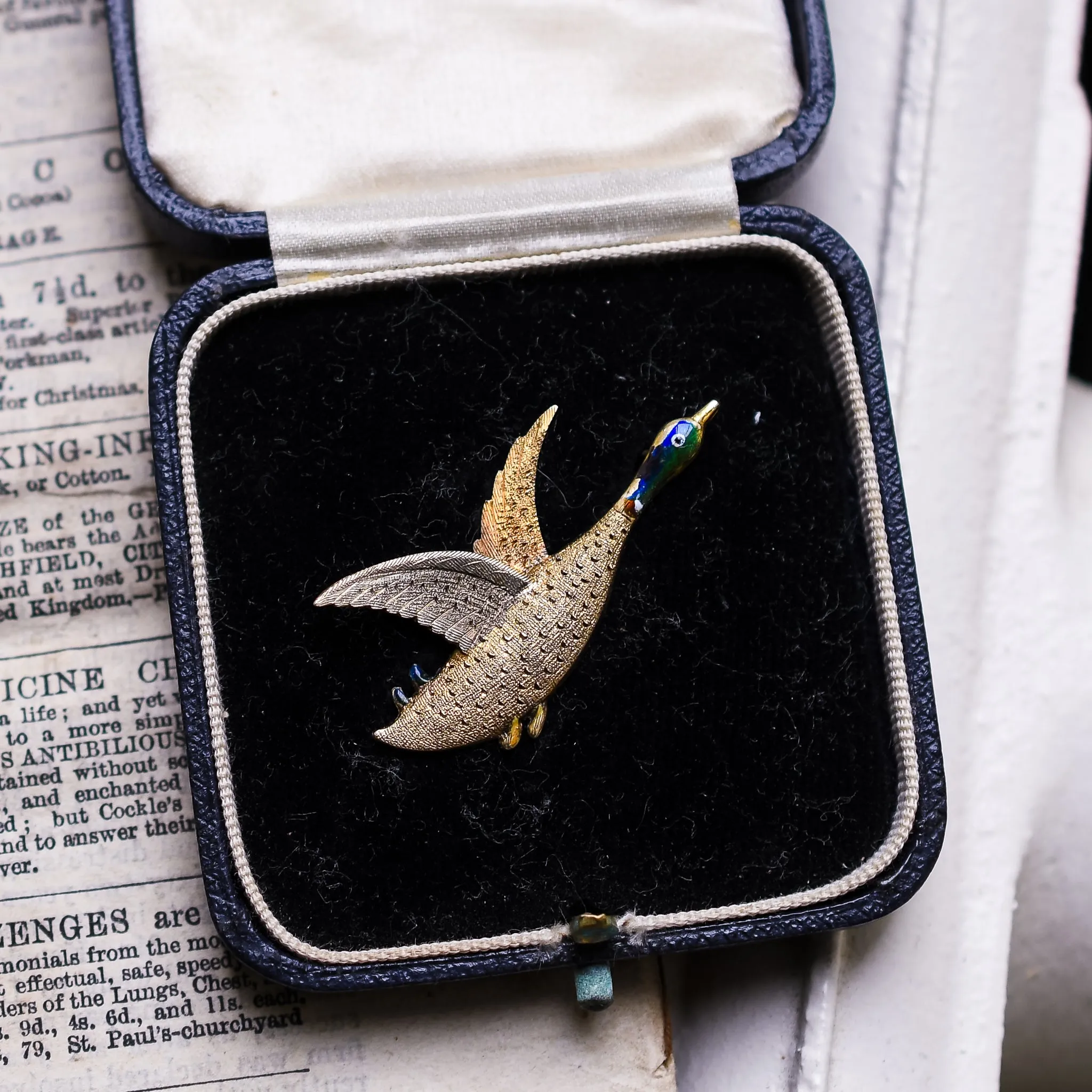 Victorian Enamel "Duck in Flight" Brooch
