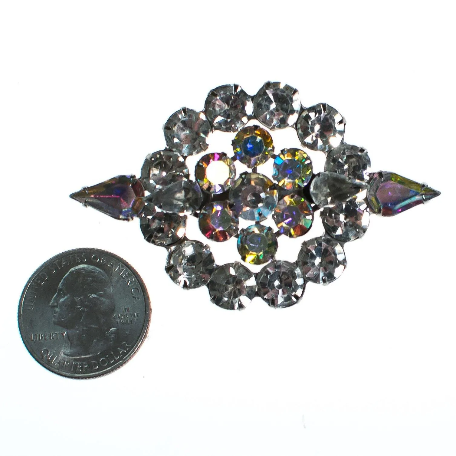 Vintage 1950s Diamante Crystals, Aurora Borealis Rhinestones Brooch, Silver Tone Setting, Brooches and Pins