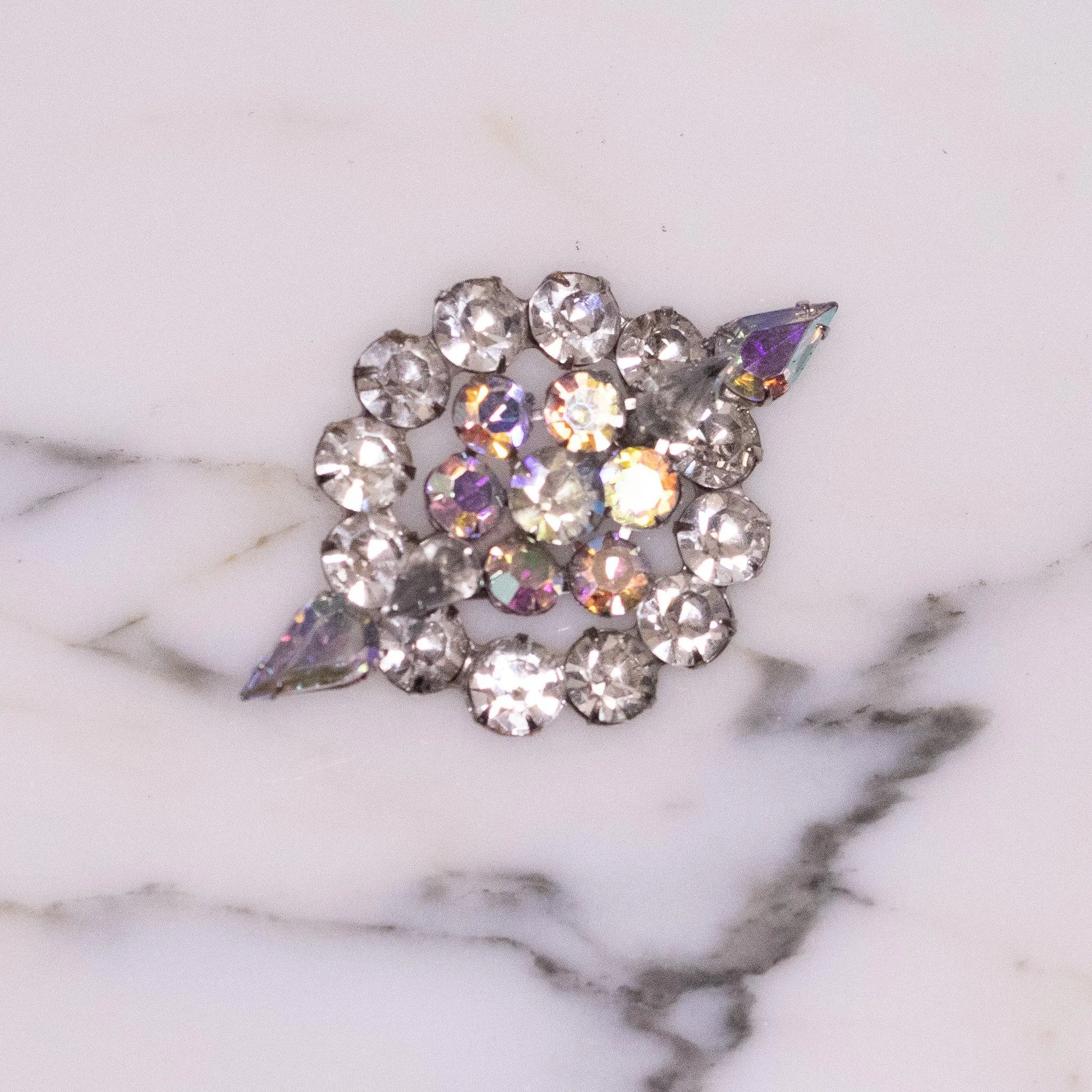 Vintage 1950s Diamante Crystals, Aurora Borealis Rhinestones Brooch, Silver Tone Setting, Brooches and Pins