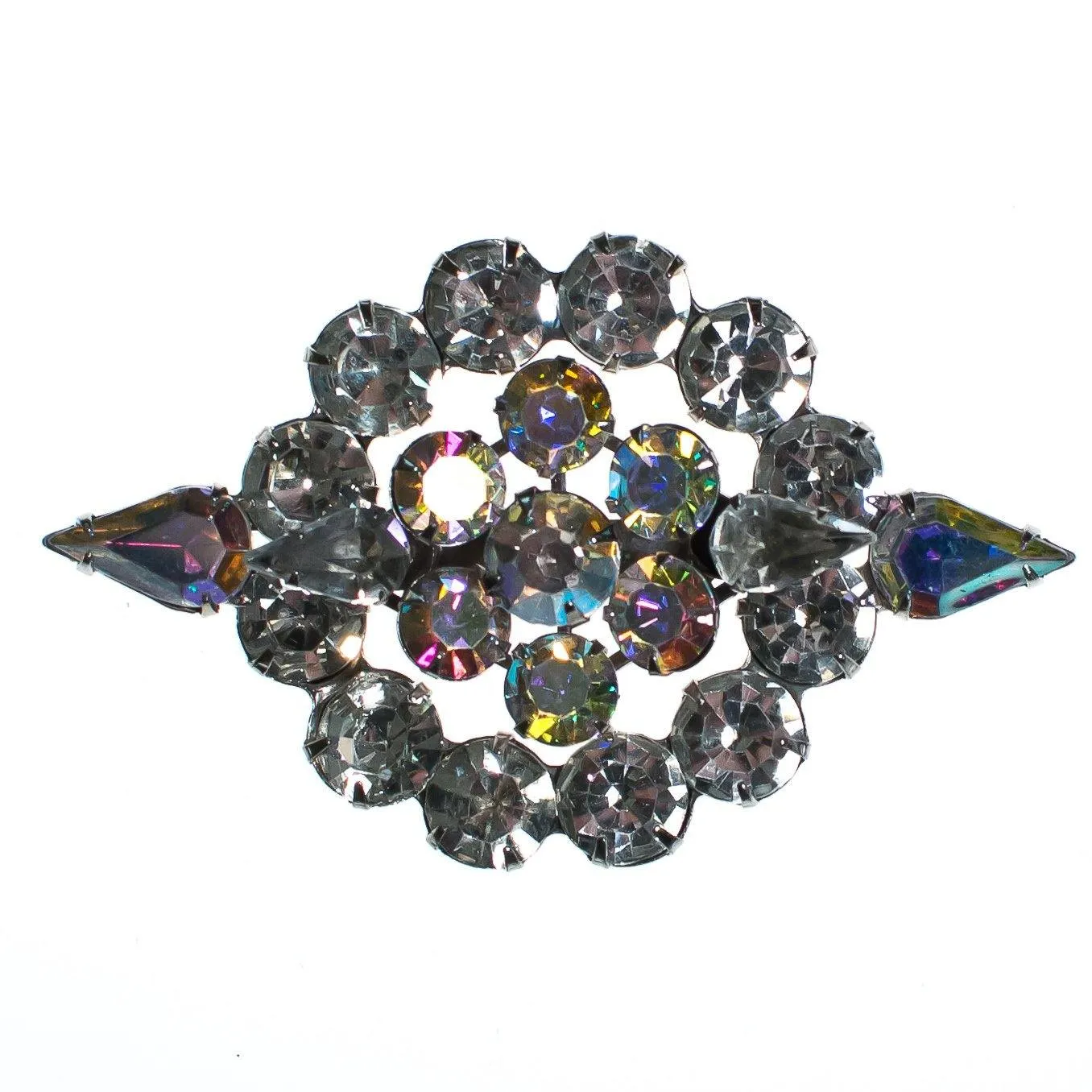 Vintage 1950s Diamante Crystals, Aurora Borealis Rhinestones Brooch, Silver Tone Setting, Brooches and Pins