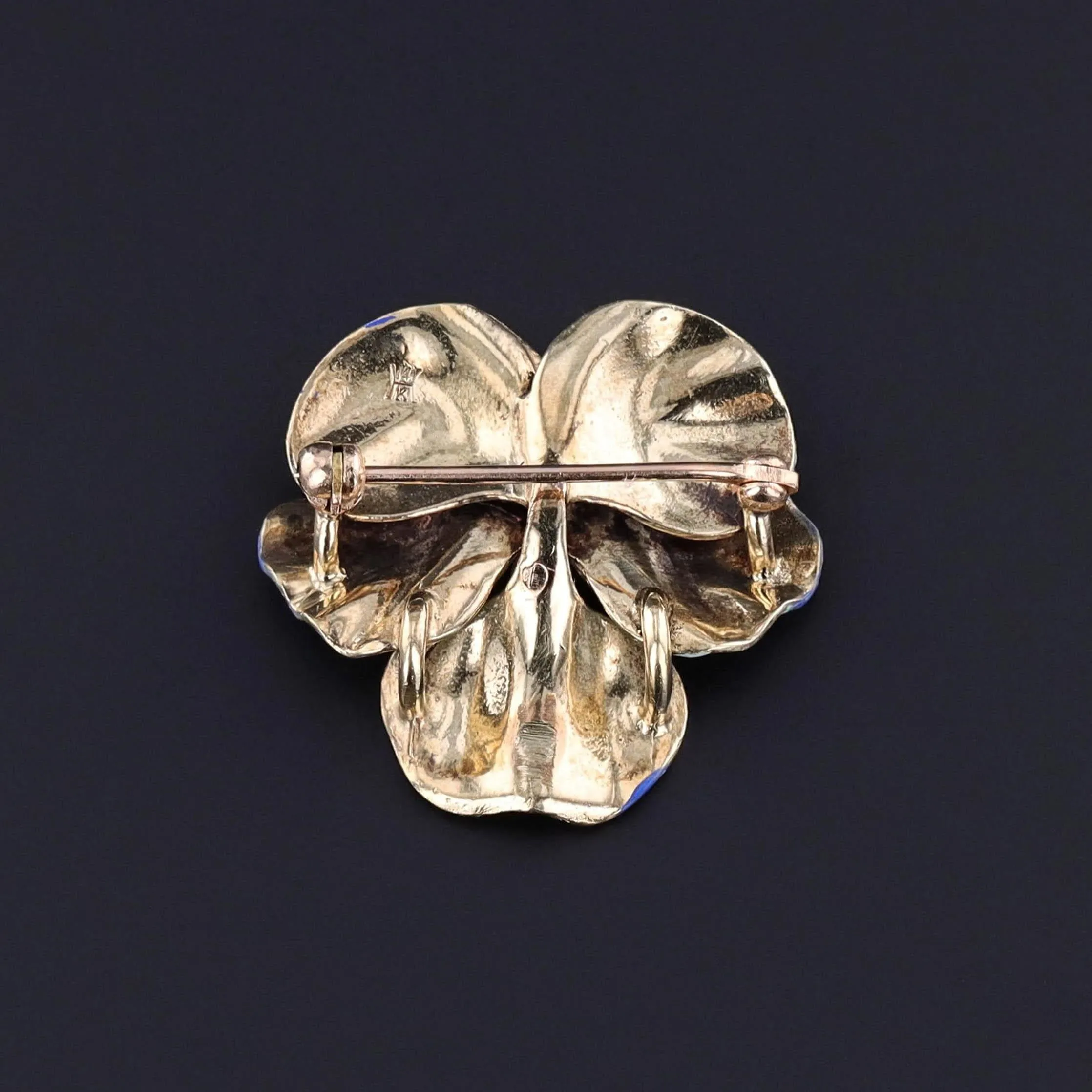 Vintage Blue Enamel Pansy Brooch of 14k Gold