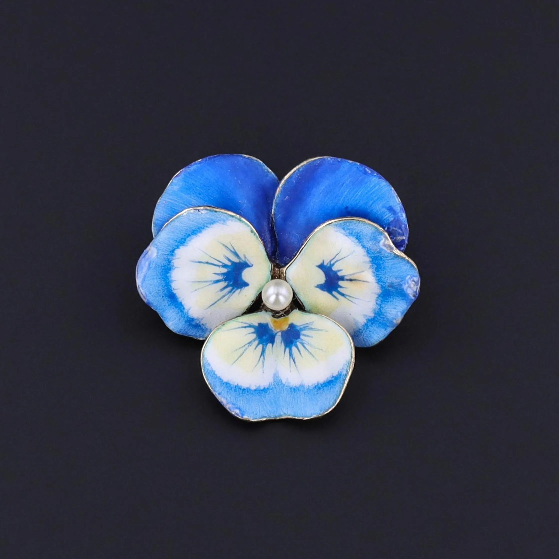 Vintage Blue Enamel Pansy Brooch of 14k Gold