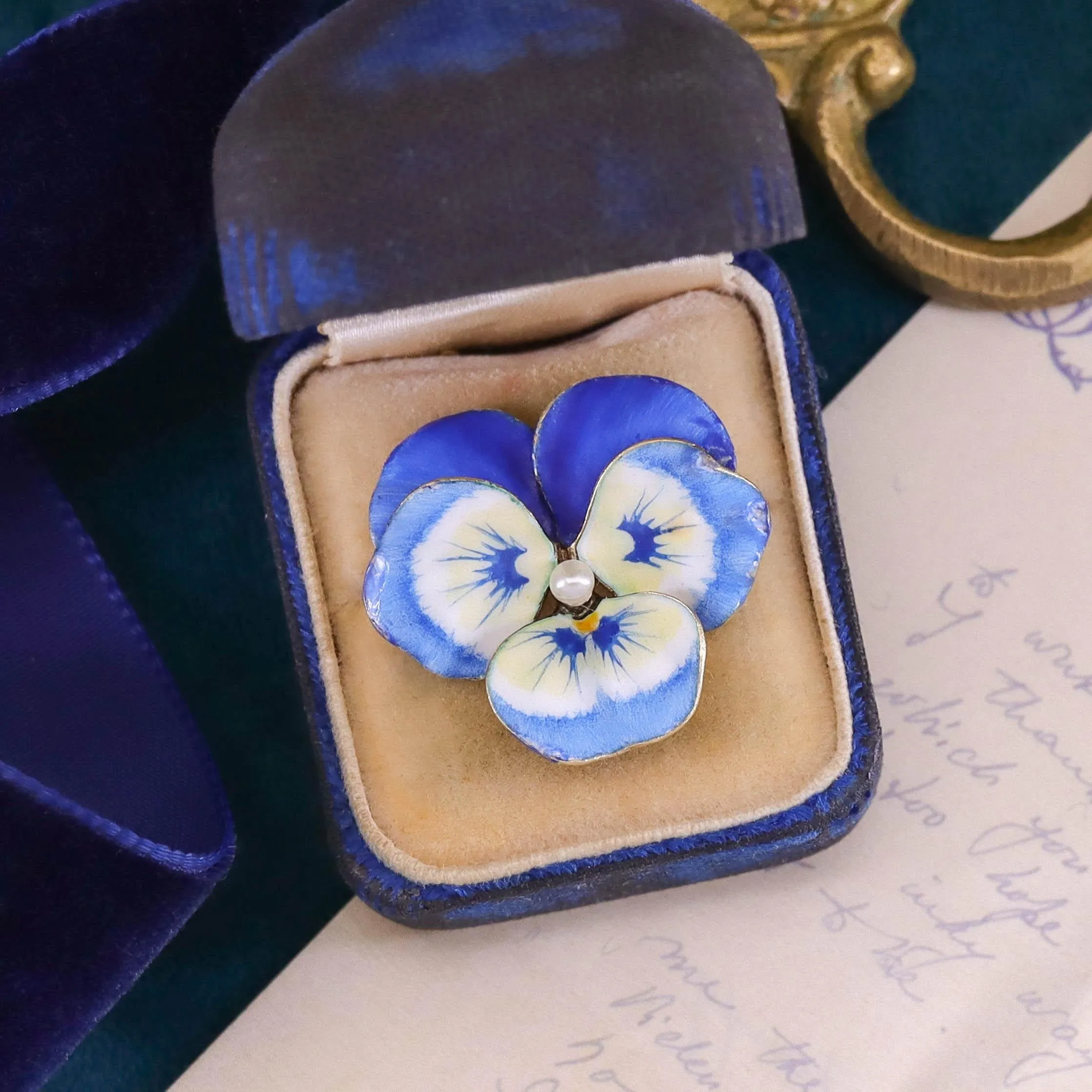 Vintage Blue Enamel Pansy Brooch of 14k Gold