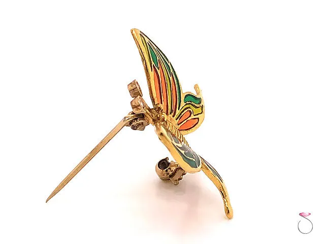 Vintage Butterfly Enamel & Diamond Brooch in 18K Yellow Gold